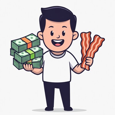 Cartoon man holding money and bacon