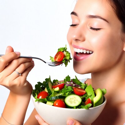 Woman eating fresh salad