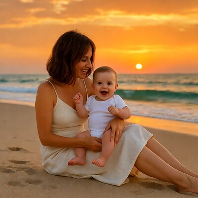Mother holding smiling baby on beach sunset