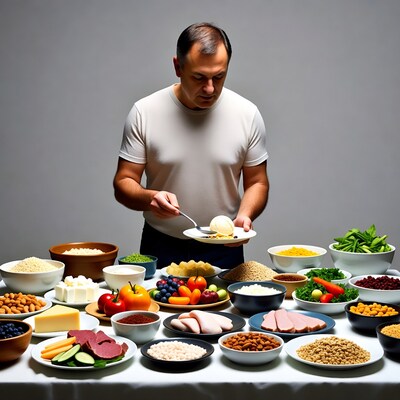 Man serving yogurt from healthy food table
