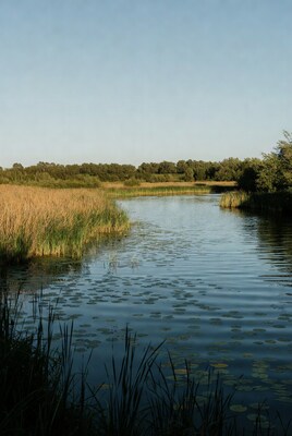 Reeds and lily pads in serene marsh