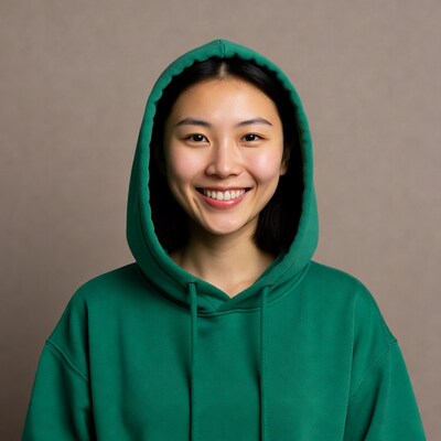 Asian woman smiling in green hoodie