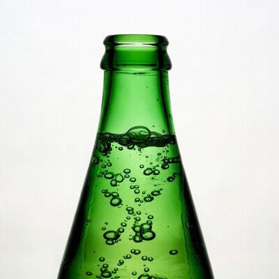 Green soda bottle with bubbles