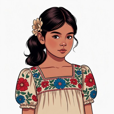 Girl in embroidered dress with flower