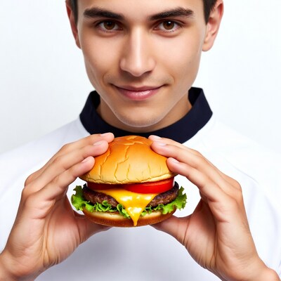 Young man holding burger