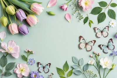 Colorful Tulips Butterflies Flat Lay