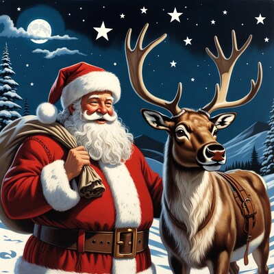 Santa Claus with Reindeer in Snowy Night