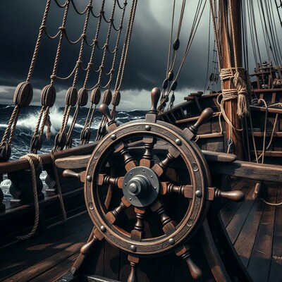 Pirate Ship Wheel in Stormy Sea
