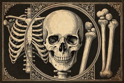 Vintage Human Skull and Skeleton Illustration