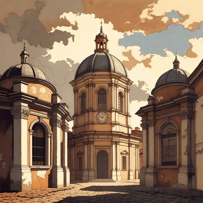 Baroque Church with Domes in Cobblestone Alley