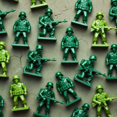 Green army men on cracked concrete