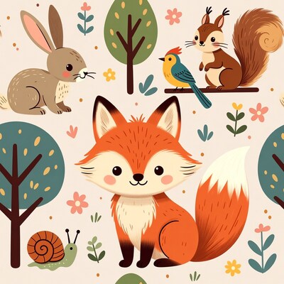 Cute Fox with Forest Animals Illustration