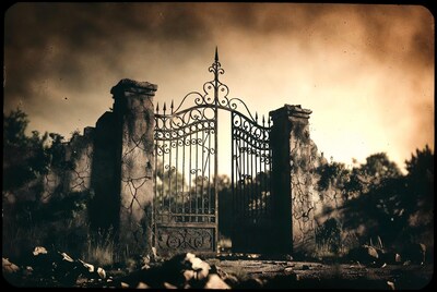 Open Ornate Iron Gate in Ruins
