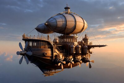 Steampunk Airship Flying in Clouds