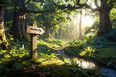 Wooden Arrow Sign in Sunlit Forest