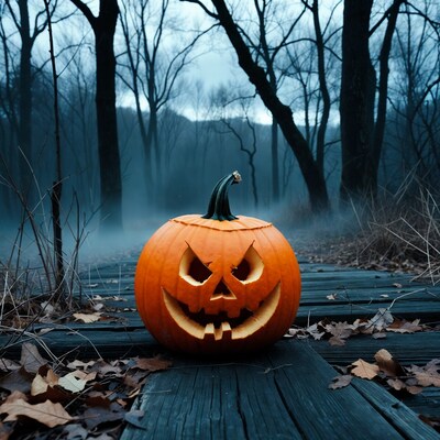 Jack-o'-lantern on foggy forest boardwalk
