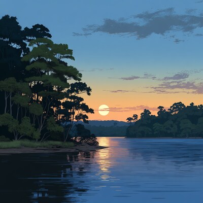 Moonrise over lake with trees