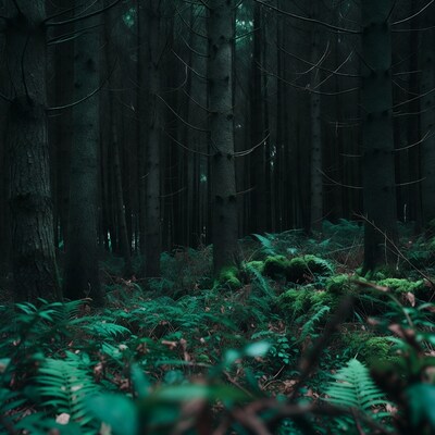 Dark Forest with Ferns and Moss
