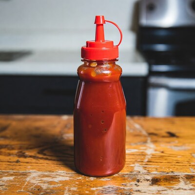 Red Hot Sauce Bottle on Wooden Table