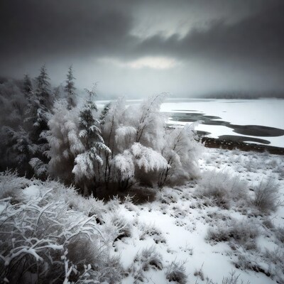 Snowy Trees by Frozen Lake