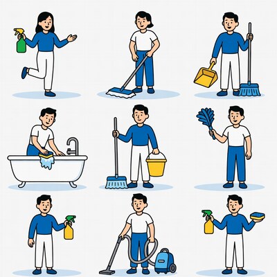 Asian Cartoon Cleaners with Tools