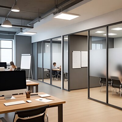 Modern open office with workers
