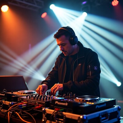 Man DJing on Pioneer decks