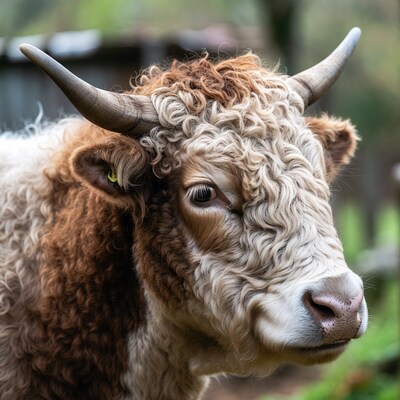 Closeup of curly-haired brown white cow