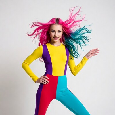 Woman with pink hair in colorful jumpsuit