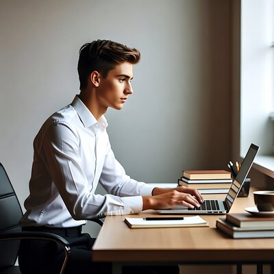 Young man working on laptop at desk