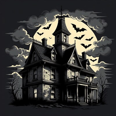 Haunted Mansion with Bats and Moon