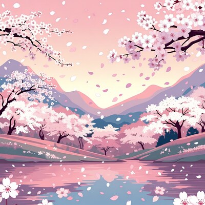 Cherry Blossom Valley with Lake