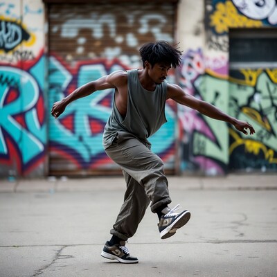 Asian man dancing against graffiti wall
