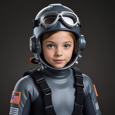 Girl in astronaut helmet and suit