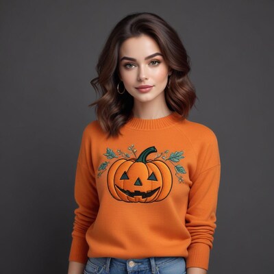 Woman in pumpkin Halloween sweater
