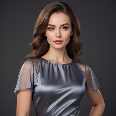 Woman in gray silk dress