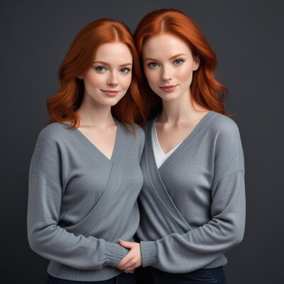 Twin redhead women in gray sweaters