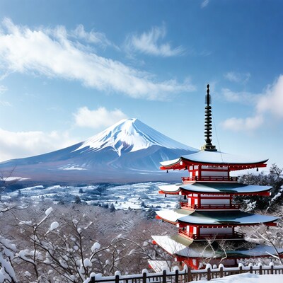 Red Pagoda with Mount Fuji