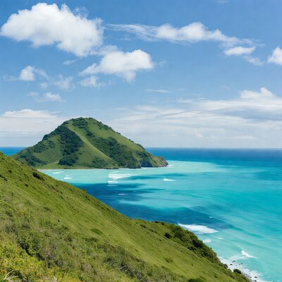 Green Hill Overlooking Turquoise Ocean Bay