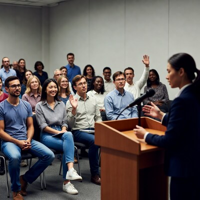 Asian woman speaking at podium to audience