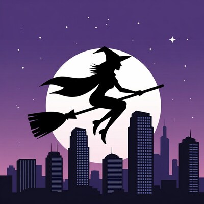 Silhouette Witch Flying Over City Skyline
