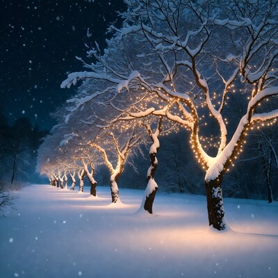 Snowy Trees with Lights at Night