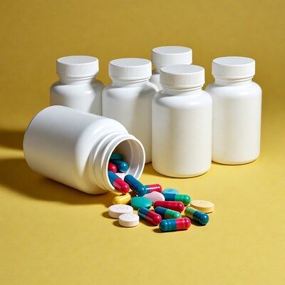 Spilled colorful pills from white bottles