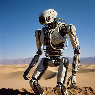 White robot standing in desert