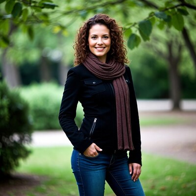 Smiling woman with curly hair in park