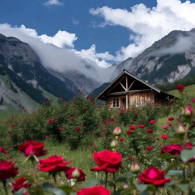 Wooden Cabin Amid Red Roses and Mountains