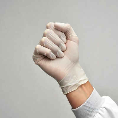 Clenched fist in white latex glove