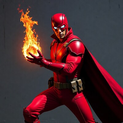 Red superhero man holding fire orb
