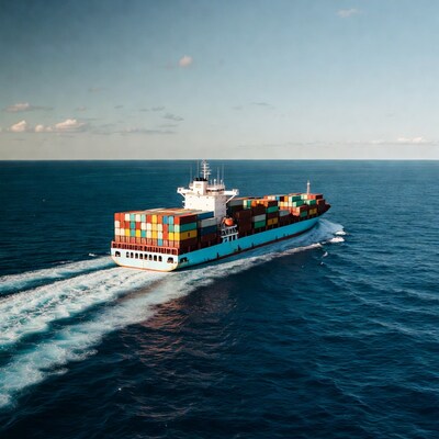 Container ship sailing on ocean