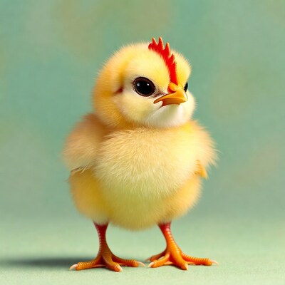 Cute yellow chick with red comb